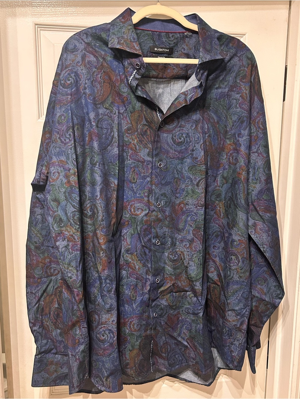 Bugatchi Men's Blue Paisley Cotton Woven Point Collar Long Sleeve Shirt